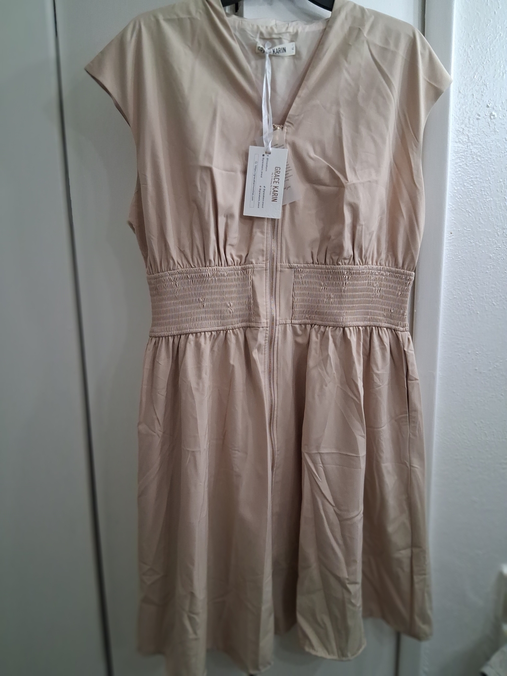 Grace Karin Cream Midi Dress with Smocked Waist